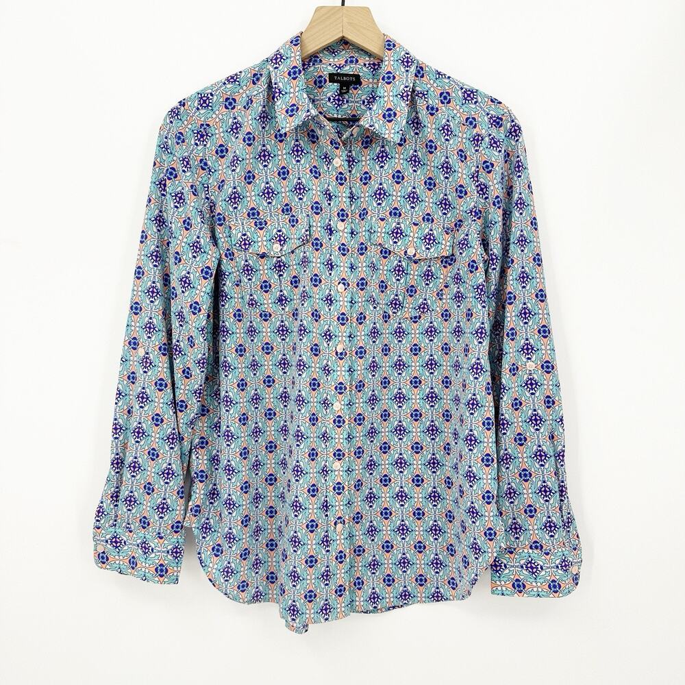 Talbots Womens Button-up Shirt M Geometric Print Boho Preppy Classic Resort Wear